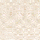 Close-up of the Ryne Area Rug showing its woven texture and geometric pattern in white thatch and khaki. Texture