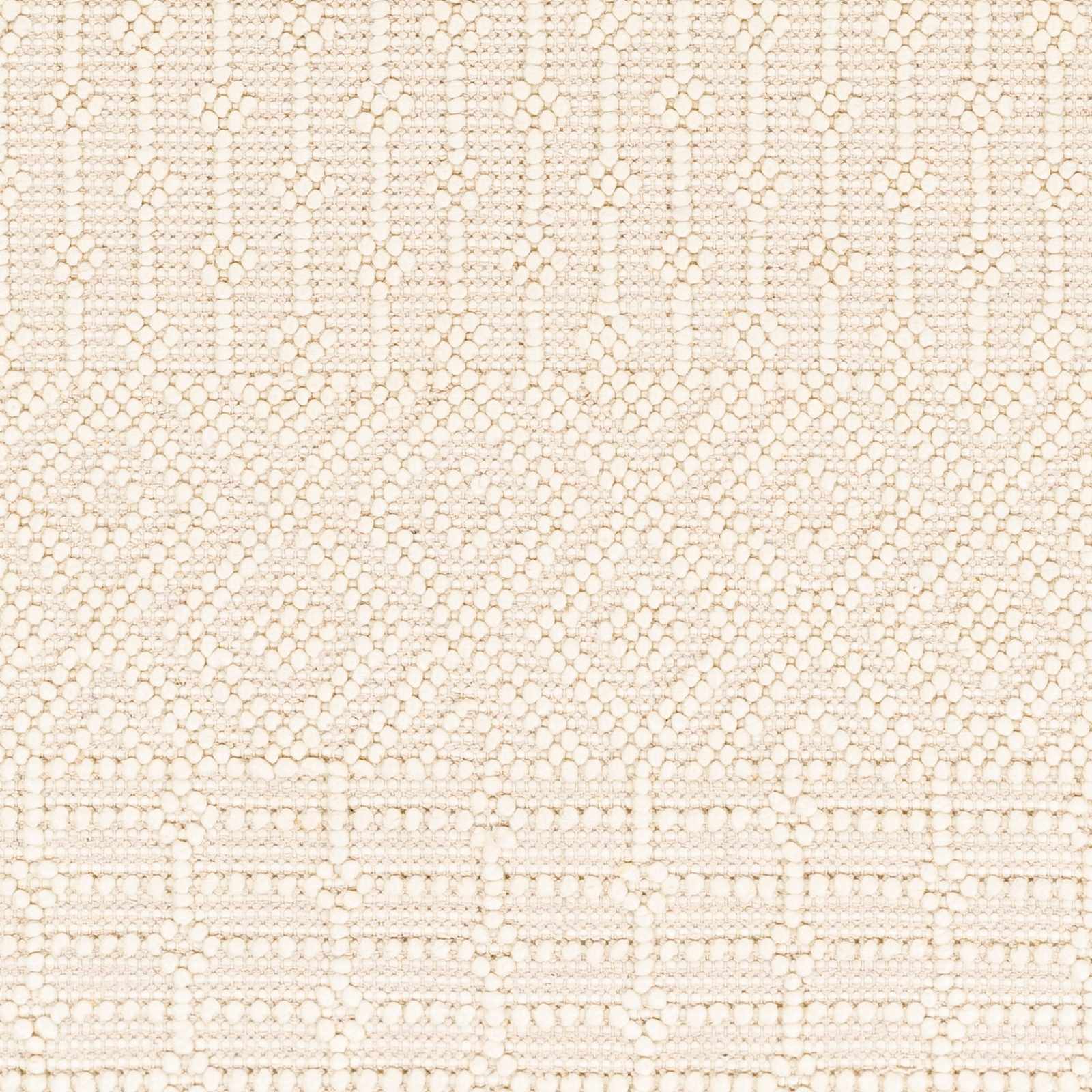 Close-up of the Ryne Area Rug showing its woven texture and geometric pattern in white thatch and khaki. Texture