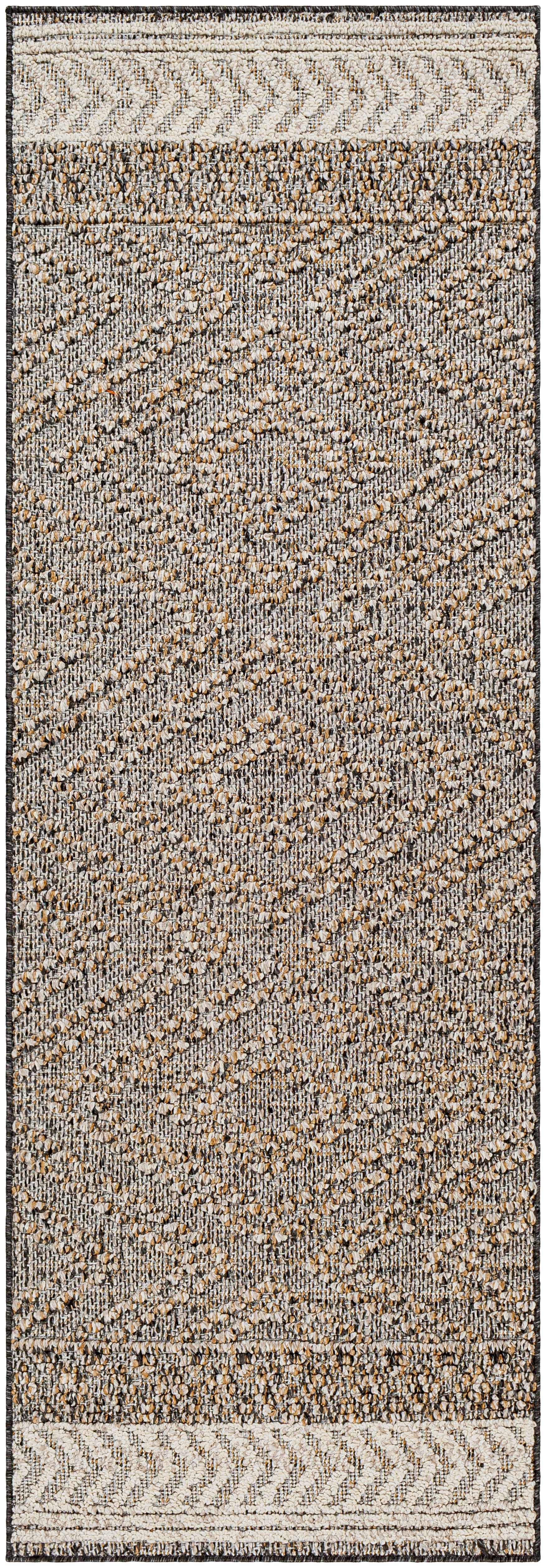 Close-up of Beige Charcoal Areli Area Rug. Contemporary geometric design in black, mustard, and taupe polypropylene. Design-Runner-2773