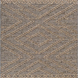 Close-up of Beige Charcoal Areli Area Rug. Geometric, southwestern design with black, mustard, and taupe tones. Design-Rectangle-537