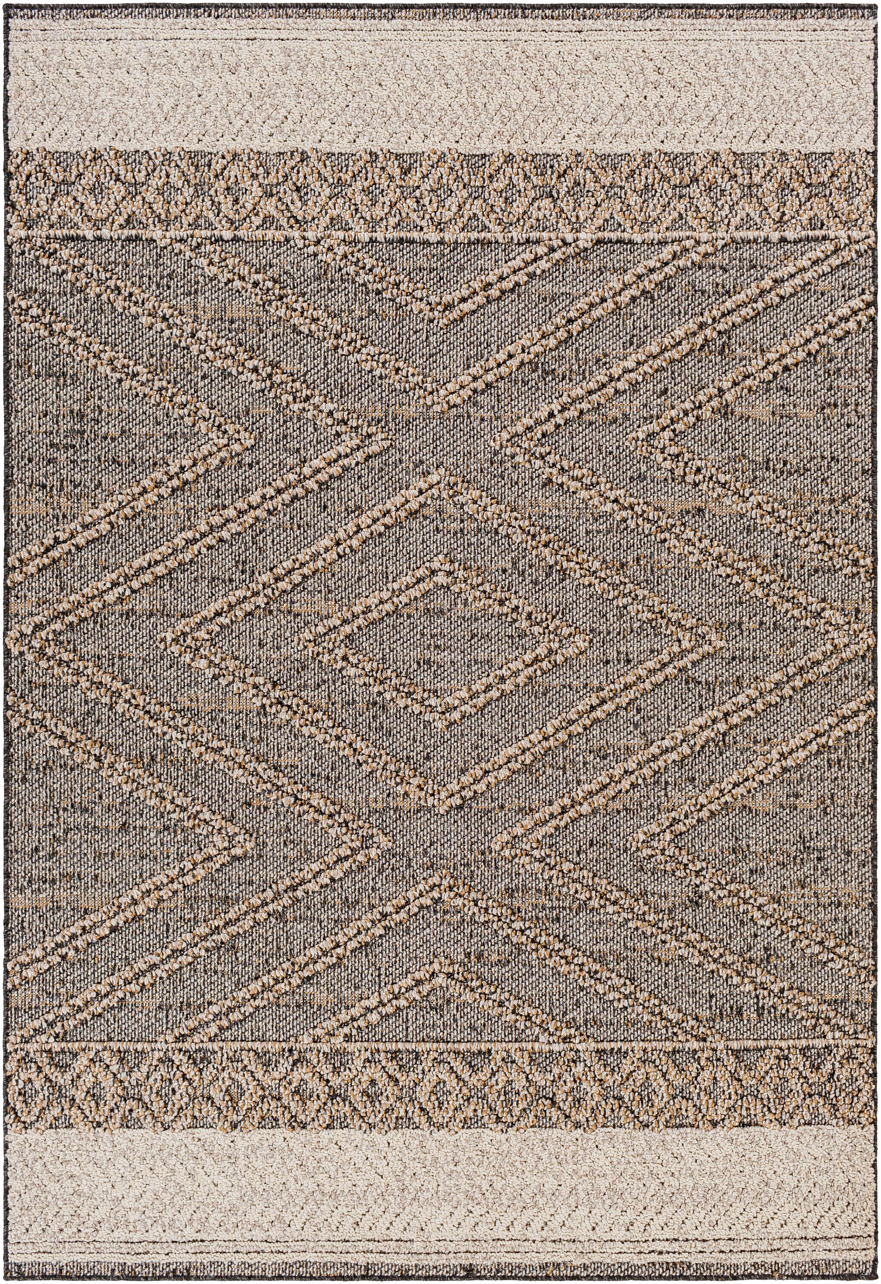 Close-up of Beige Charcoal Areli Area Rug. Geometric, southwestern design with black, mustard, and taupe tones. Design-Rectangle-537