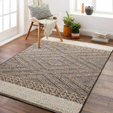 Living room scene with Beige Charcoal Areli Area Rug, wood floors, chair, plants, and natural light. Roomscene-Rectangle
