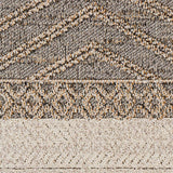 Close-up of Beige Charcoal Areli Area Rug showing geometric pattern, black, mustard, and taupe colors and textured weave. Swatch