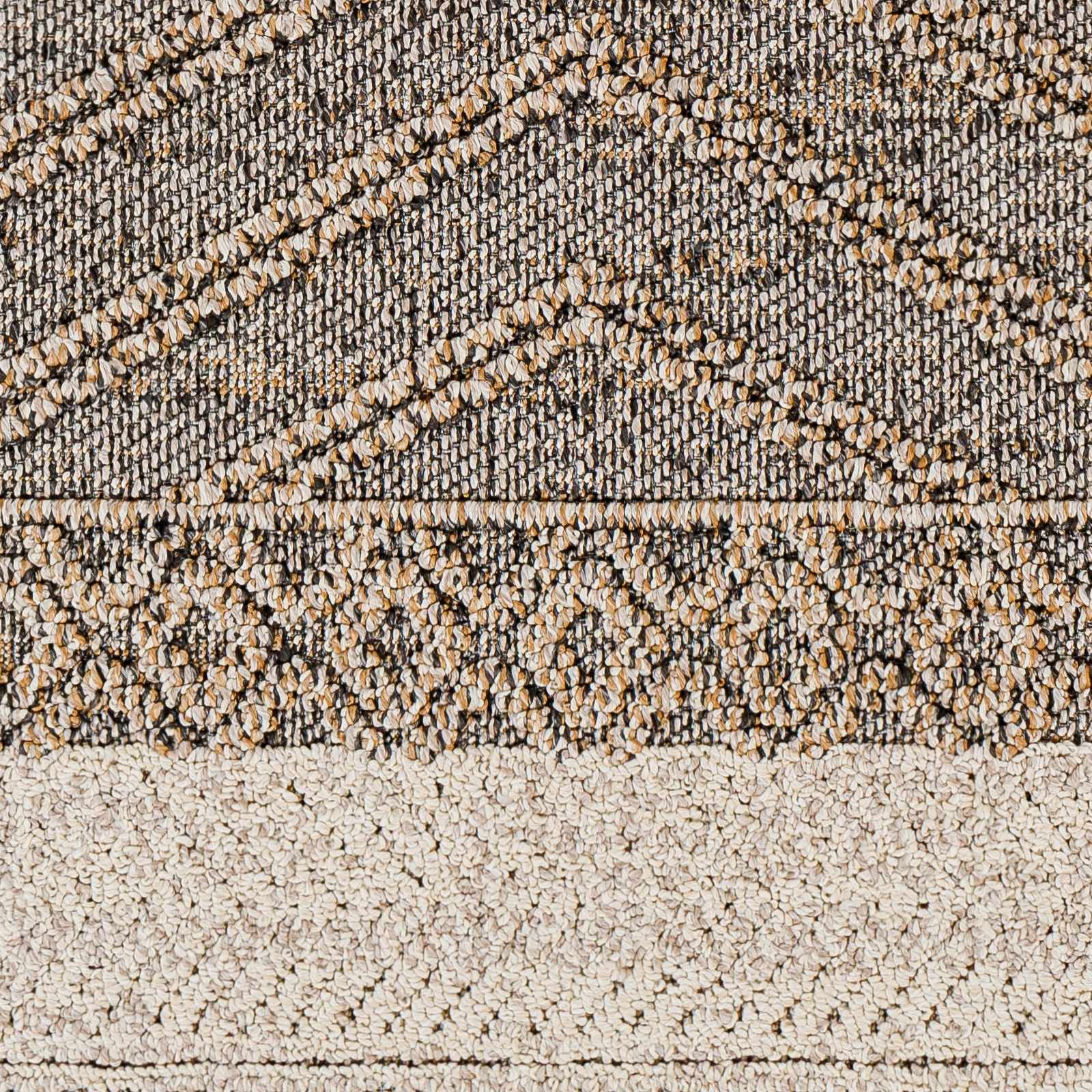 Close-up of Beige Charcoal Areli Area Rug showing geometric pattern, black, mustard, and taupe colors and textured weave. Swatch