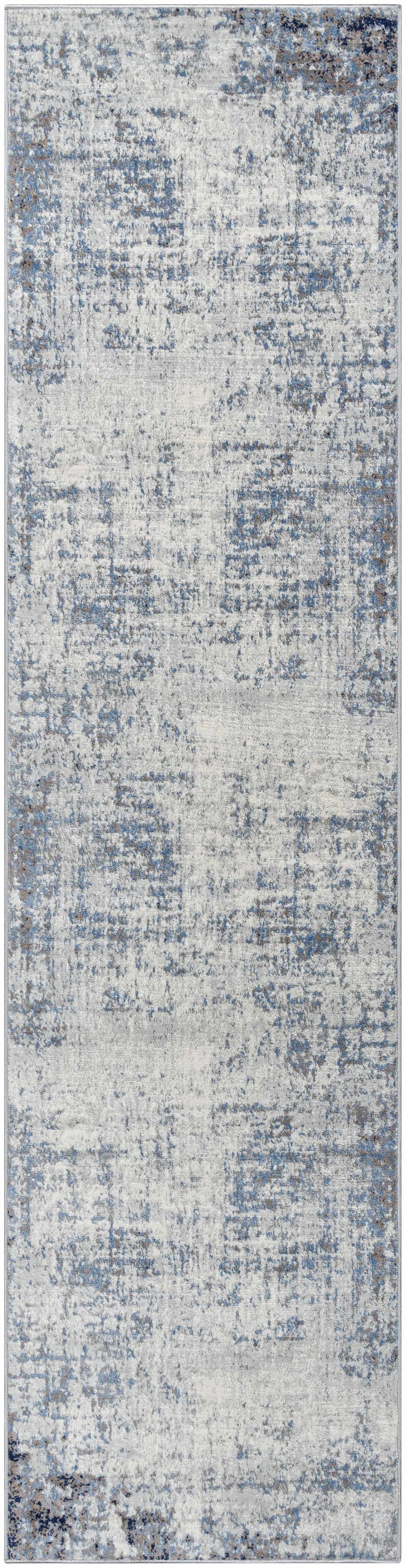 Close-up of the Texanna Abstract Blue/Gray Area Rug. Features an abstract pattern in gray, light blue, and off-white tones. Design-Runner-2710