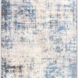Close-up of the Texanna Abstract Blue/Gray Area Rug. Features a contemporary design with blue, gray, and off-white hues. Design-Runner-2773