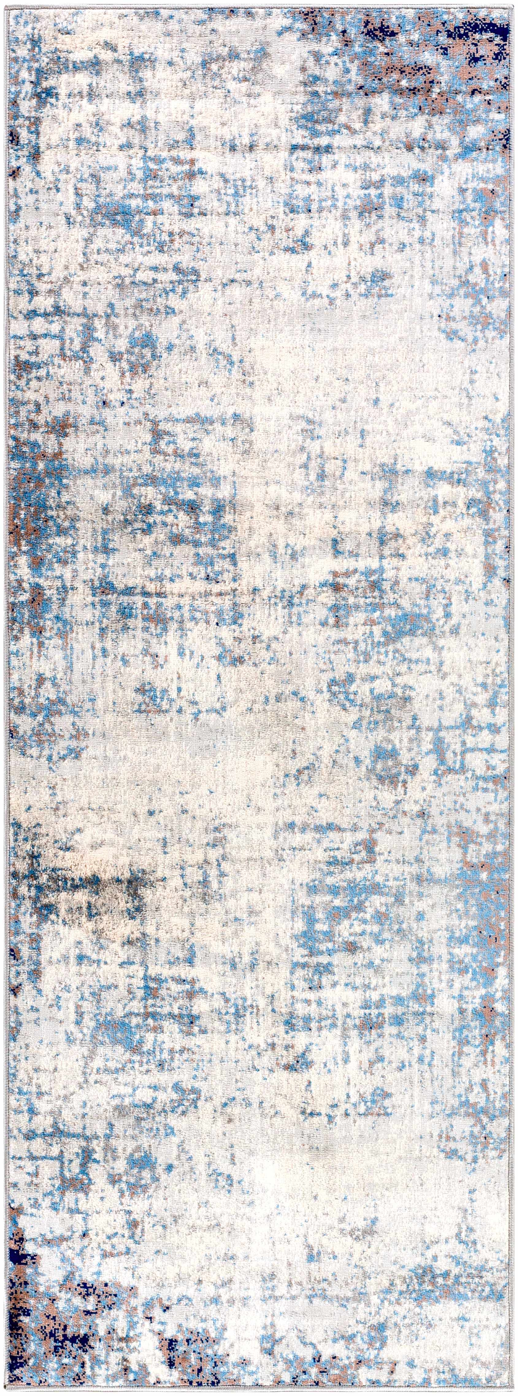 Close-up of the Texanna Abstract Blue/Gray Area Rug. Features a contemporary design with blue, gray, and off-white hues. Design-Runner-2773