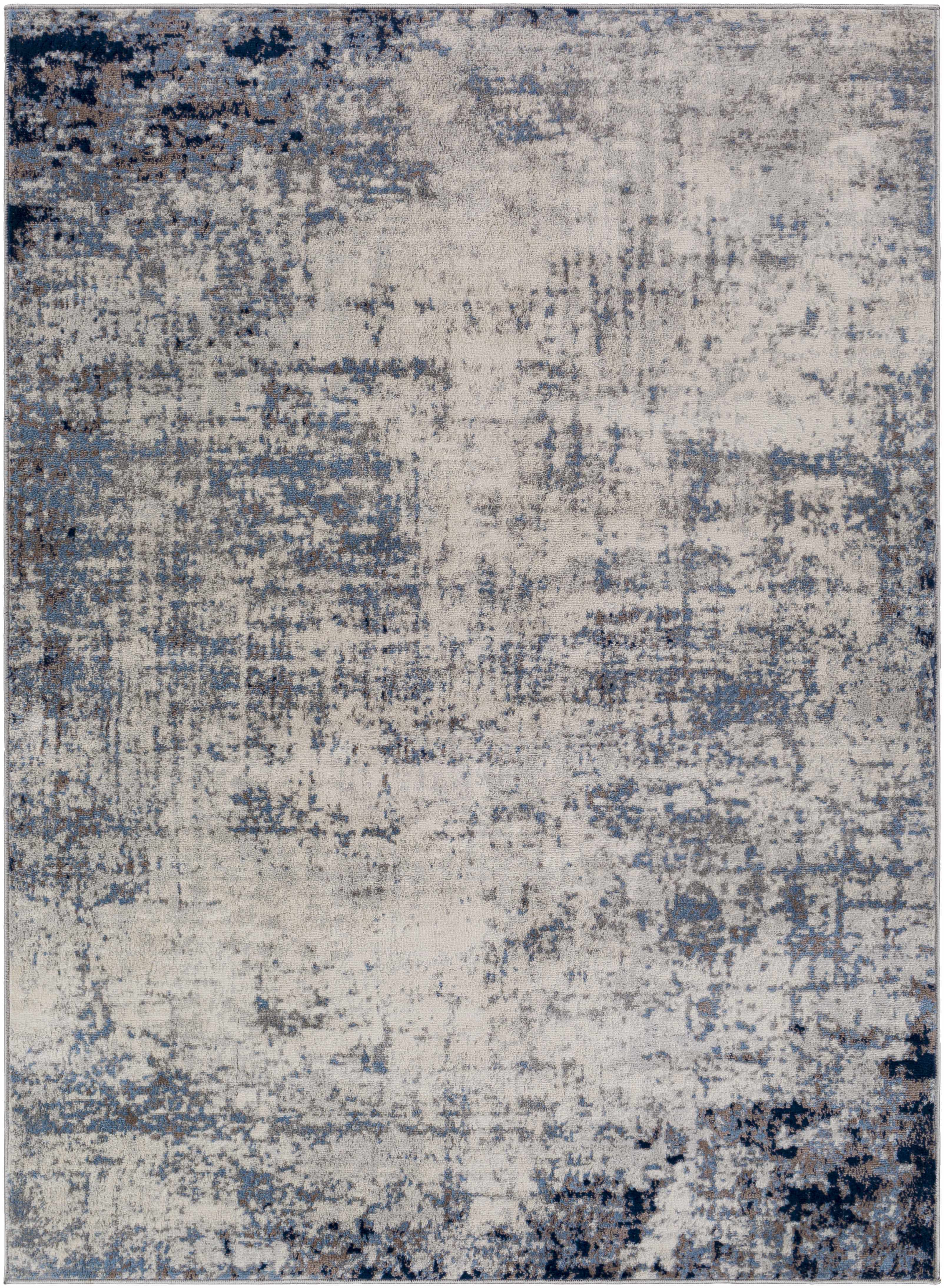Texanna Abstract Blue/Gray Area Rug with a distressed, contemporary design in light blue, gray, navy, and off-white. Design-Rectangle-537