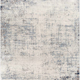 Close-up of the Texanna Abstract Blue/Gray Area Rug showing its contemporary design, soft light blue, gray, and off-white colors. Design-Rectangle-71010