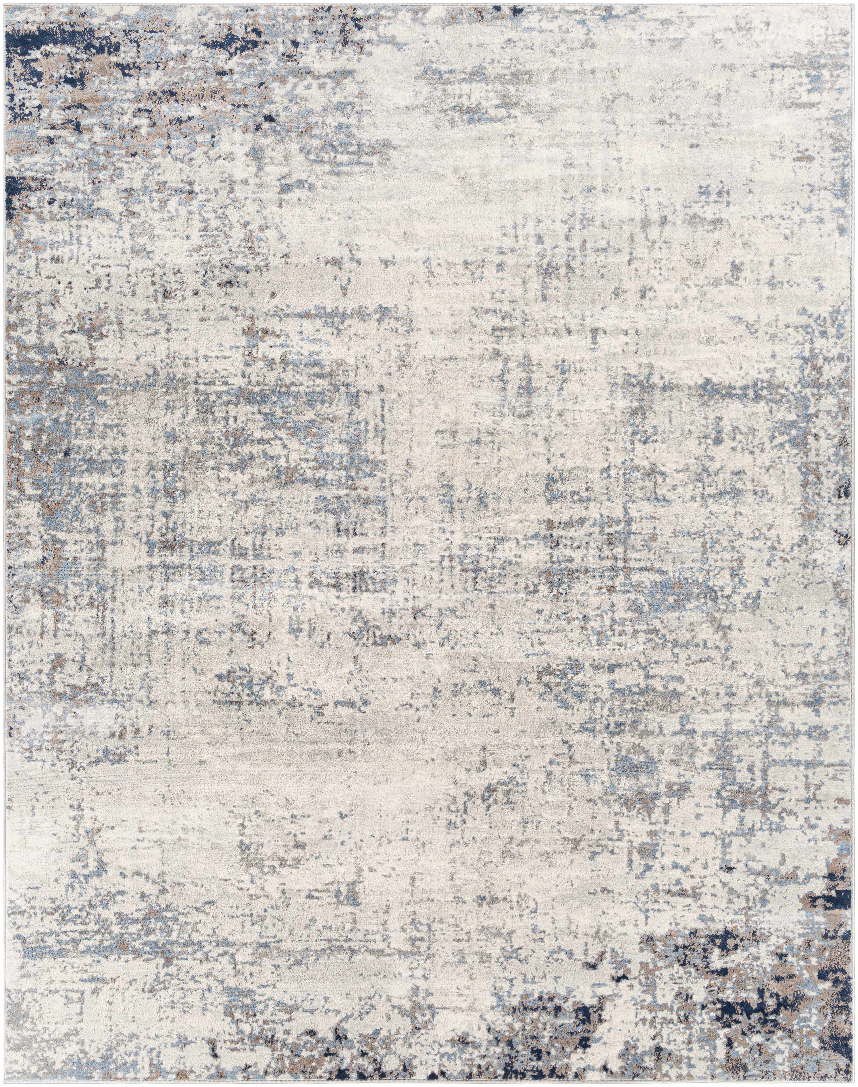Close-up of the Texanna Abstract Blue/Gray Area Rug showing its contemporary design, soft light blue, gray, and off-white colors. Design-Rectangle-71010