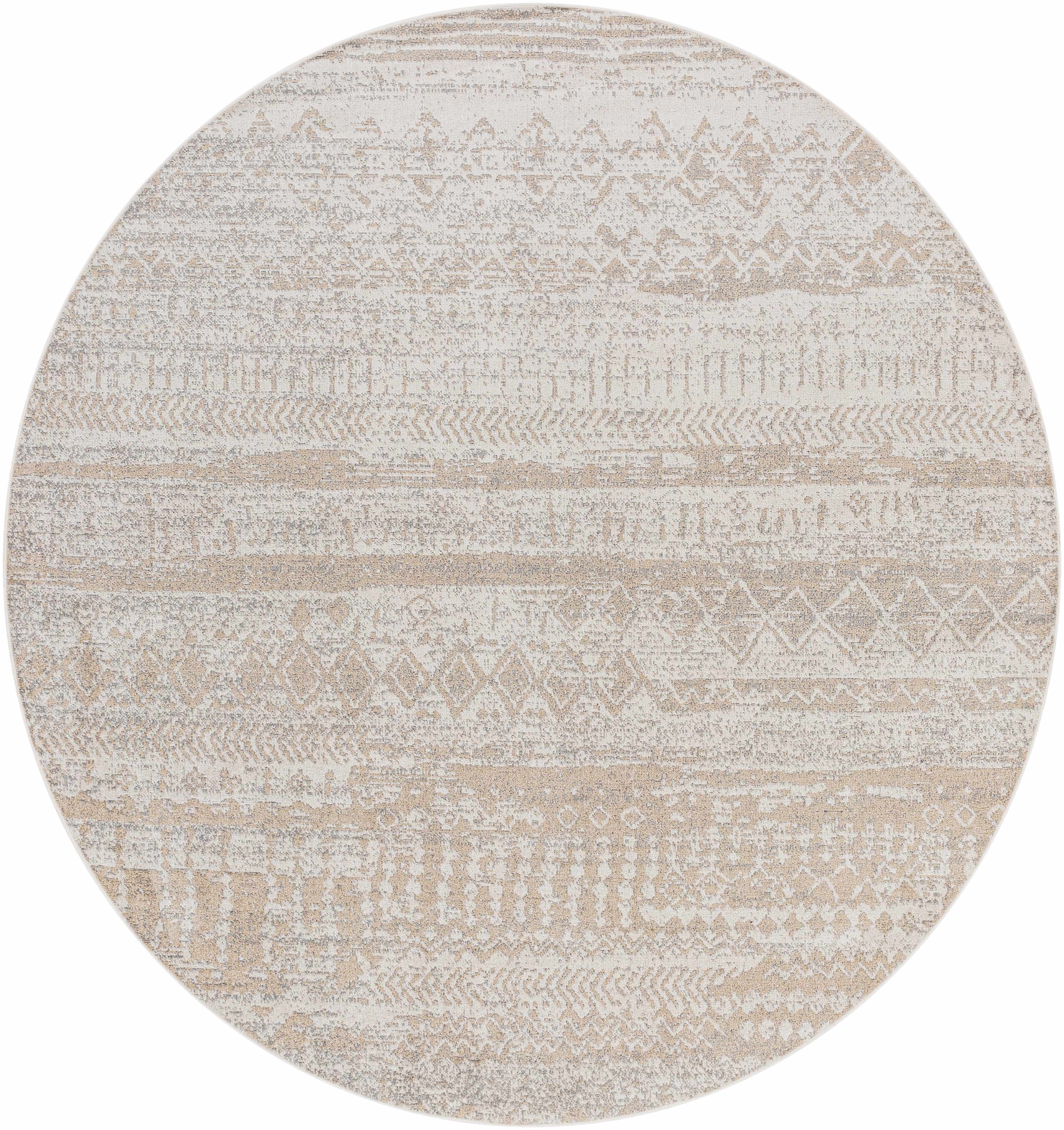 Close-up of round Tupsan Washable Area Rug. Cream, light beige, and light gray with a contemporary tribal-inspired pattern. Design-Round-67