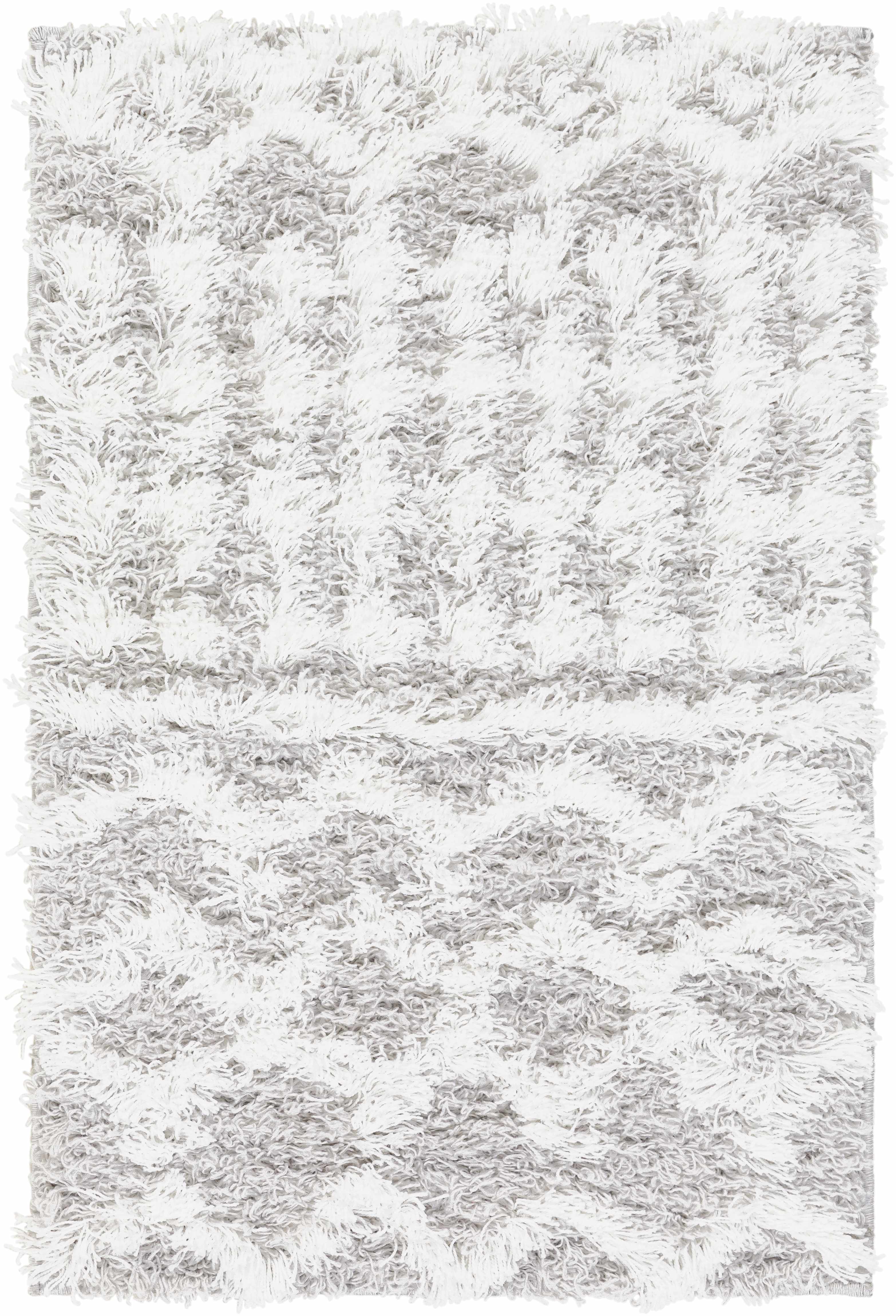 Close-up of the Vernonburg Shag Area Rug. Light gray and white shag rug with a soft, textured design. Design-Rectangle-23
