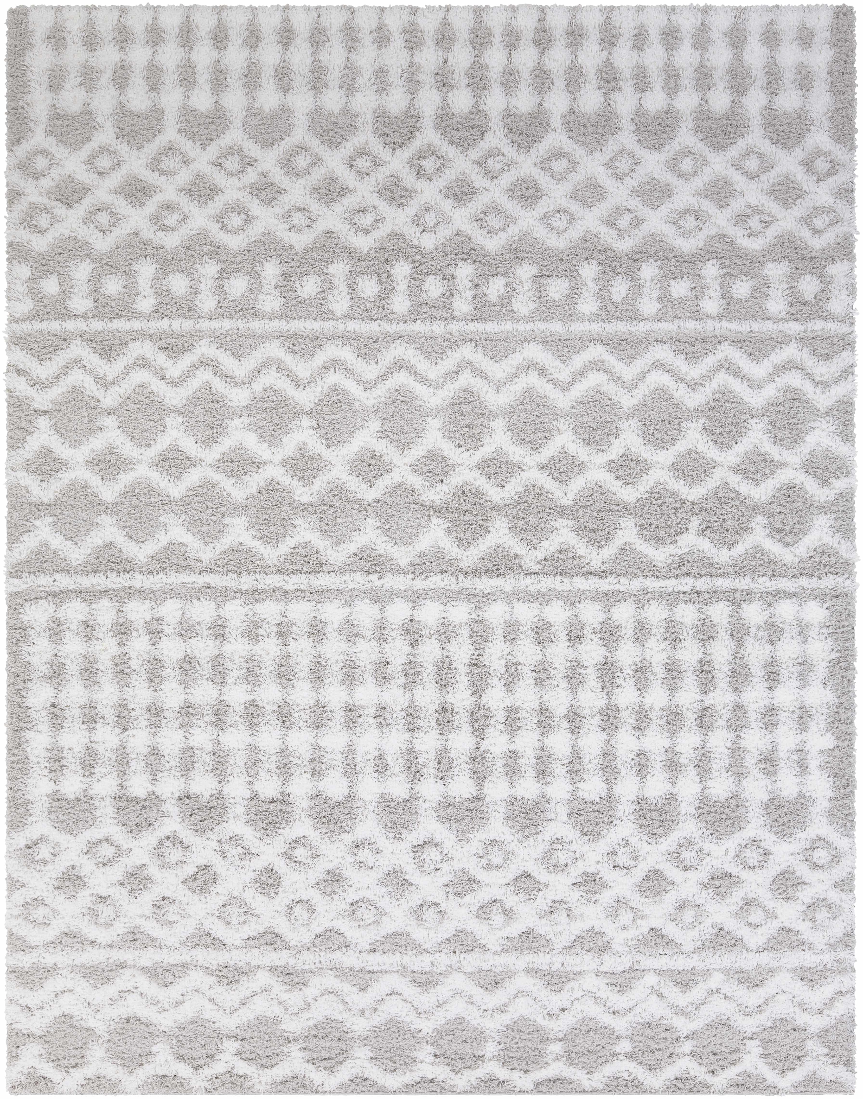 Close-up of the Vernonburg Shag Area Rug, a soft, machine-woven rug with light gray and white geometric patterns. Design-Rectangle-710103