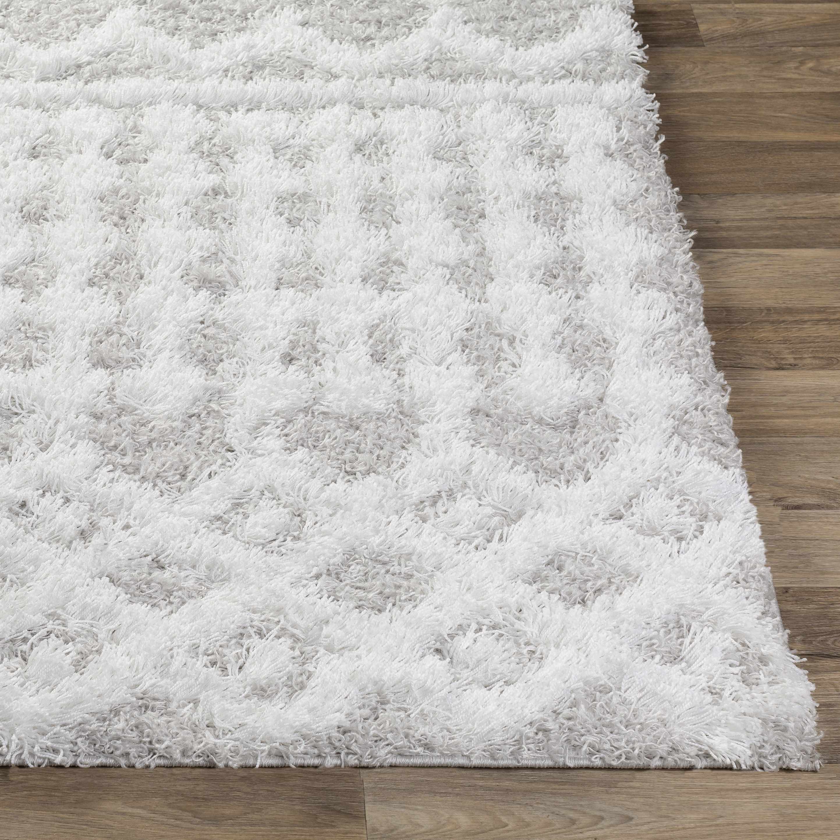 Close-up of the Vernonburg Shag Area Rug. Light gray and white shag rug with a subtle geometric pattern on a wood floor. Front
