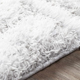 Close up of a plush Vernonburg Shag Area Rug in light gray and white, showing texture. Texture